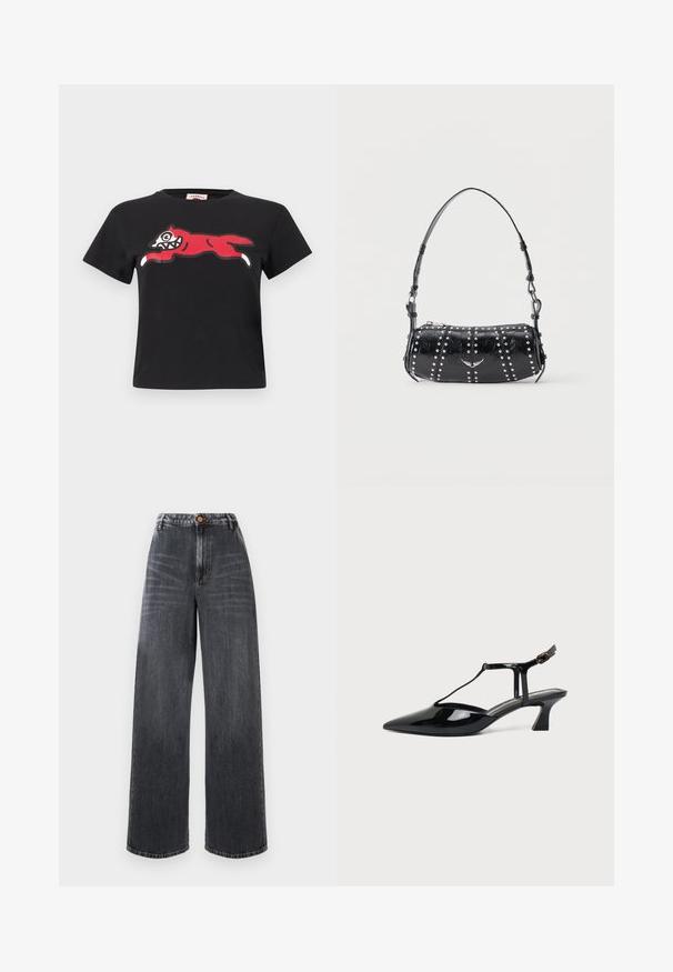 Μαύρο κοντομάνικο crop top με γραφικό ενός στυλιζαρισμένου κόκκινου αλεπού που πηδά με λευκά δόντια και πατούσες στο στήθος.; Ψηλόμεσες τζιν παντελόνες σε σκούρο γκρι βαμβακερό ύφασμα με ξεθωριασμένες λεπτομέρειες, με κούμπωμα μπροστά και παραδοσιακή πεντατσεπη σχηματισμό.; Μαύρο παπούτσι slingback από λουστρίνι με μυτερή μύτη, T-στραπ και χαμηλό κεκλιμένο τακούνι, σε λευκό φόντο.; Μαύρη τσάντα ώμου από πατενταρισμένο δέρμα με ασημένιες τρούκς σε κάθετες σειρές και ένα μικρό ασημένιο εμβληματικό πουλί στο κέντρο μπροστά.