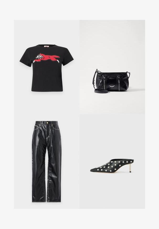 Zwart korte mouw crop top met een afbeelding van een gestileerde rode springende vos met witte tanden en poten over de borst.; Zwarte neplederen broek met een wijduitlopende snit, voorzien van witte stiksels, voorzakken en een gouden knoop in de taille.; STAND STUDIO KELSEY - Muiltjes met hak - black; Zwarte faux leren crossbody tas met ritsvakjes, een decoratief zilveren embleem en een verstelbare schouderriem. Glanzende textuur en compacte vorm.