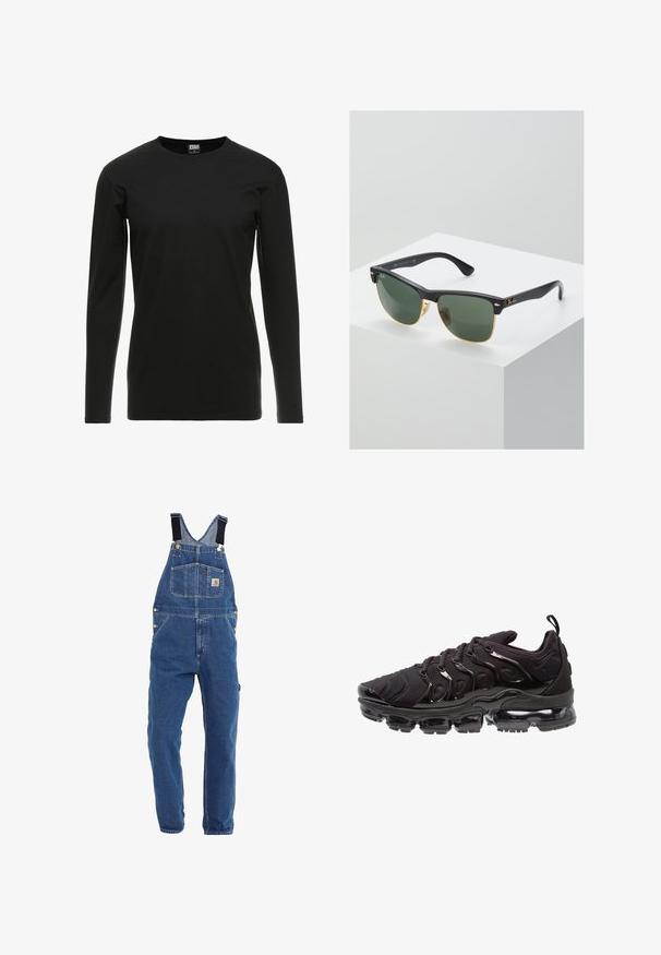 Urban Classics STRETCH TERRY - Langærmet T-shirt - black; Denim overalls i en mellemblå tone, med justerbare sorte stropper, flere lommer og metalhardware detaljer.; Sorte atletiksko med et tekstureret stofoverdel, metalliske detaljer og en markant luftfyldt sål. Har distinkte bølge-lignende designelementer.; Ray-Ban solbriller med grønne linser, sorte plastikstel og gyldne detaljer ved kanterne. Firkantet form med mat finish.