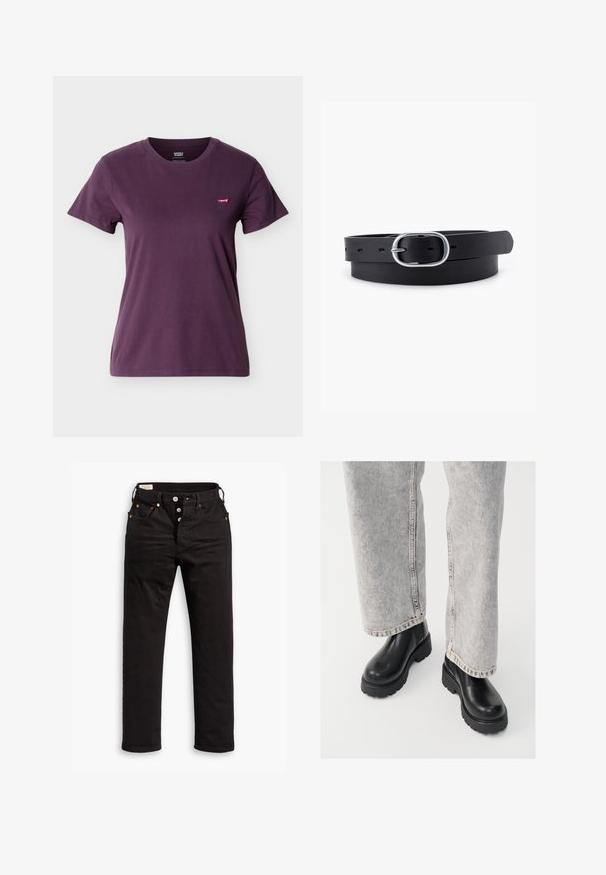 T-shirt violet à manches courtes et col rond avec une petite étiquette rouge du logo Levi's sur le côté gauche de la poitrine.; Jean noir à jambe droite avec fermeture à boutons, poches avant et arrière, et détails en rivets cuivrés sur fond blanc.; Vagabond COSMO - Bottines à plateau - black; Ceinture en cuir noir au toucher lisse, boucle en métal argenté de forme ovale et plusieurs trous d'ajustement le long de la sangle. Design plat et minimal.