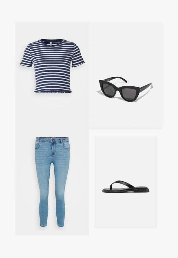 ONLY Petite ONLMETTI BOX - Trükipildiga T-särk - naval academy/cloud dancer; Heledad sinine elastne teksapüksid slim-fit lõikega, viie taskuga disain, kerge pleekimine ning lukuga lend ja metallist nupuga sulgemine.; Musta lame rihmikujuline sandaal tekstuurse rihmaga ja kergelt tõstetud kontsaga, näidatud küljelt heledal taustal.; Mustad mustakate silmade prillid, millel on matt viimistlus, hallist toonitud läätsed, teravad nurgad ja stiilsed küljed. Brändi nimi on nähtav siseküljel.