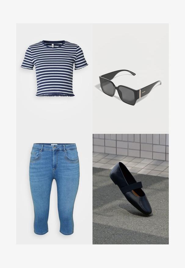 ONLY Petite ONLMETTI BOX - Printtipaita - naval academy/cloud dancer; Vaaleat pesetyt farkku capri-housut, joissa on tiivis malli, viisi taskua ja sävytettyä ommeltua koristusta, päättyen juuri polven alapuolelle.; Musta nahkakenkä, jossa on pyöreä kärki ja pehmeä musta joustava nauha päällä. Sileä pinta ja yksinkertainen muotoilu.; Mustat ylisuuret neliönmuotoiset aurinkolasit, joissa on tummat linssit ja kullattu ALDO-logo sankojen kohdalla, esitetty vaalealla taustalla.