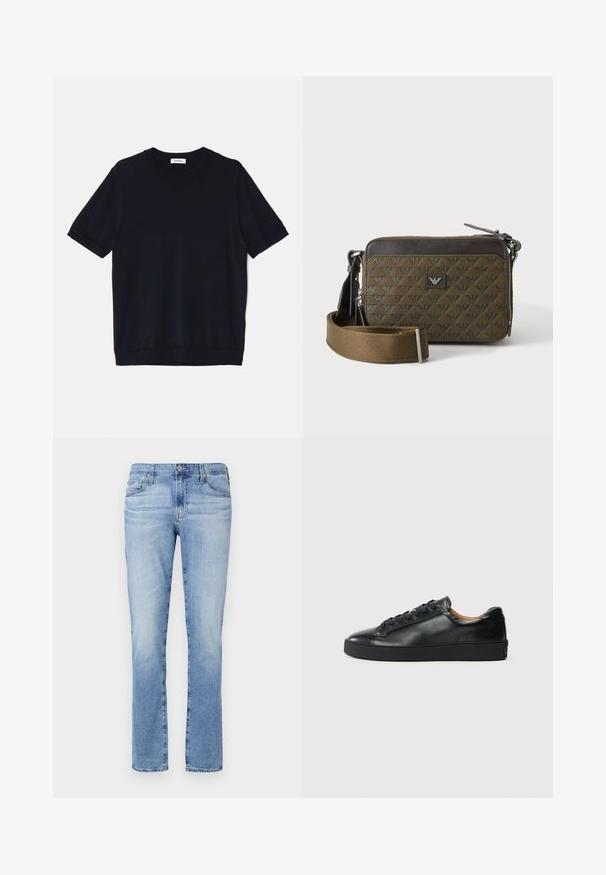sandro PABLO TEE - T-shirts basic - noir; Lyseblå denimjeans med lige ben, med knaplukning, fem lommer og let falmning i stoffet.; Sorte lædersneakers med en glat overflade, rund tå og snørebåndslukning. Har en tyk gummisål og minimal branddetalje.; Lille rektangulær brun crossbodytaske med mønstret tekstur, frontlogo-patch, lynlås og bred justerbar rem.