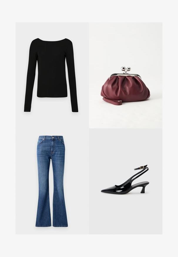 Haut noir à manches longues avec un large col, design ajusté et texture lisse. Aucun motif ni hardware visible.; Jeans évasés bleus en denim, dotés d'une taille haute, de cinq poches et d'un léger effet d'usure près des coutures.; Escarpins à brides arrière en cuir verni noir, à bout pointu, avec un petit talon carré et une sangle de cheville ajustable dotée d'une boucle dorée.; Petit sac pochette en cuir bordeaux avec fermoir métallique argenté et bracelet sur fond blanc.