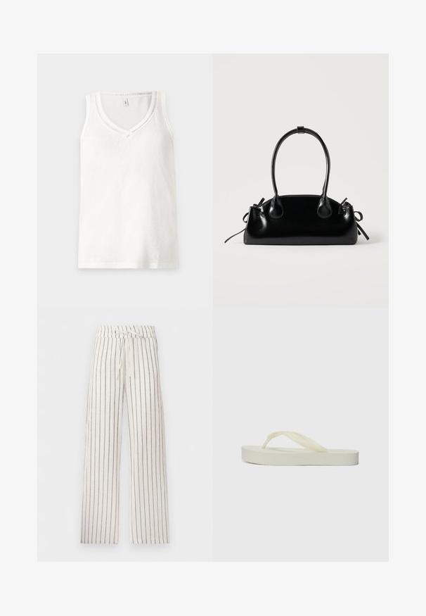 Camiseta sin mangas blanca con escote en V, hecha de tela suave, que presenta un sutil detalle de canalé a lo largo del escote y el dobladillo.; Pantalones blancos de pierna ancha con finas rayas verticales negras y cinturilla con cordón.; Chanclas de color crema claro con suela plana, tiras gruesas texturizadas y un acabado suave. Material suave, diseño minimalista y sin marca destacada.; Pequeño bolso negro brillante con dos asas largas y detalles de cordón lateral sobre un fondo claro liso.