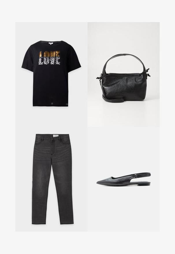Sort t-shirt med korte ærmer med guld- og hvidt mønstret tekst, der lyder "LOVE" og mindre ord "KIND HEART BRAVE SOUL" ovenover.; Sort denim med lige ben, knap- og lynlåslukning, for- og baglommer samt diskret falming på lårene, lagt fladt på en hvid baggrund.; Sort læder flad slingbacksko med spids tå, lav hæl og justerbar rem på lys baggrund.; Sort læderhåndtaske med et struktureret design, rund tophåndtag og aftagelig skulderrem. Den har en glat tekstur og en subtil glans.
