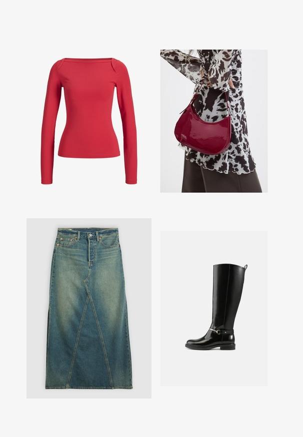 Rød tætsiddende top med lange ærmer, bred firkantet halsudskæring og glat stof, vist på en ensfarvet hvid baggrund.; Denim nederdel med høj talje i mellemblå. Har en markant frontnaht, sideskår og standard fem-lomme design.; Sorte knæhøje støvler lavet af blankt læder med en sølvfarvet spænde ved anklen og rundet snude. Flad sål.; Kvinde iført en sort- og hvidmønstret bluse, der holder en blank rød skuldertaske mod en ensfarvet baggrund.
