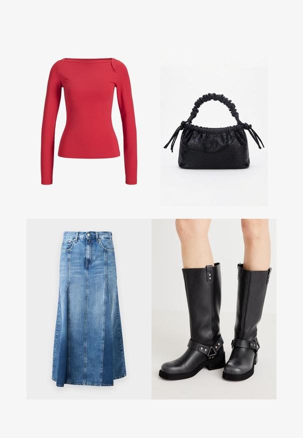 Rød tætsiddende top med lange ærmer, bred firkantet halsudskæring og glat stof, vist på en ensfarvet hvid baggrund.; Denim nederdel med en lys til mørk blå gradient, knælængde, med lige snit, frontslids og klassisk knap- og lynlås-lukning.; Sorte læder støvler i knæhøjde med bred skaft, remdetaljer, sølv hardware og flad sål. Glat tekstur med en let glans.; Sort taske med krokodilletekstur, rynket øverste kant, samlet hank og snore med kvaster på hver side mod en hvid baggrund.