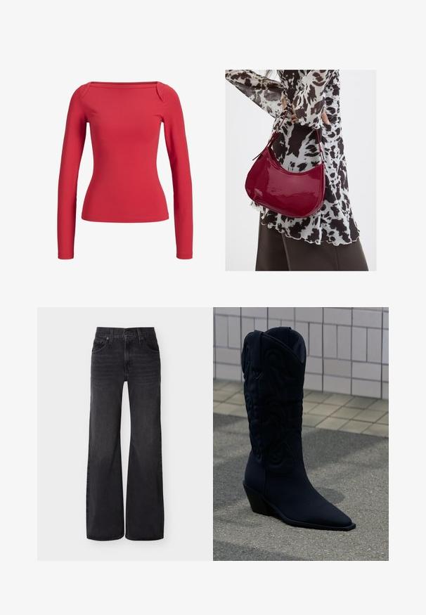 Haut rouge ajusté à manches longues avec un large décolleté carré et un tissu lisse, présenté sur un fond blanc uni.; Jean noir taille haute à jambes larges avec bouton avant, fermeture éclair, passants de ceinture et style cinq poches sur un fond uni.; Botte de cowboy noire avec couture décorative et talon incliné sur un trottoir gris près d'un mur carrelé en arrière-plan.; Femme portant un chemisier à motif noir et blanc tenant un sac à main rouge brillant sur un fond uni.