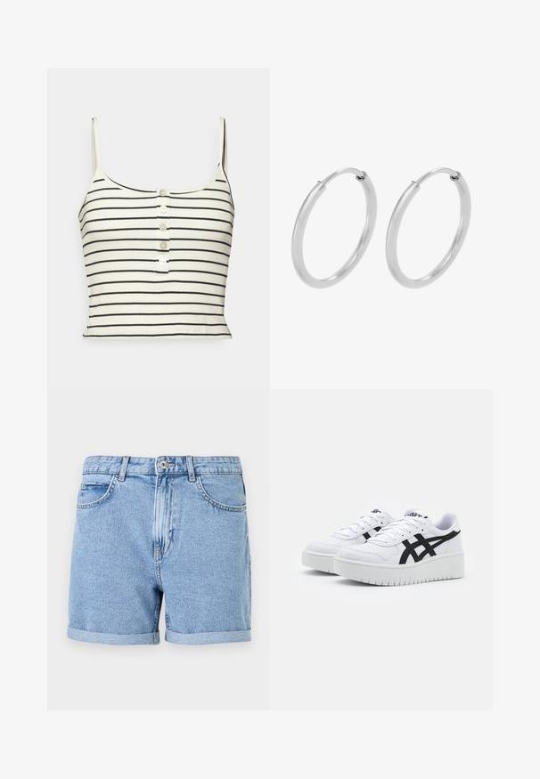 ONLY Petite ONLNESSA SHORT BUTTON - Top - dark blue; Džínové šortky v svetlomodrej farbe, s rolovaným lemom, štandardnými vreckami a predným zapínaním na gombík. Mäkká štruktúra s mierne vyblednutým vzhľadom.; Biele tenisky so štruktúrovaným povrchom, čiernymi bočnými pruhmi a hrubou bielou podrážkou. Obsahujú šnurovací dizajn a logo na jazyku.; Strieborné kruhové náušnice, oblého tvaru, hladký lesklý povrch a rovnomerná šírka po celom obvode. Minimalistický dizajn bez ďalších akcentov.