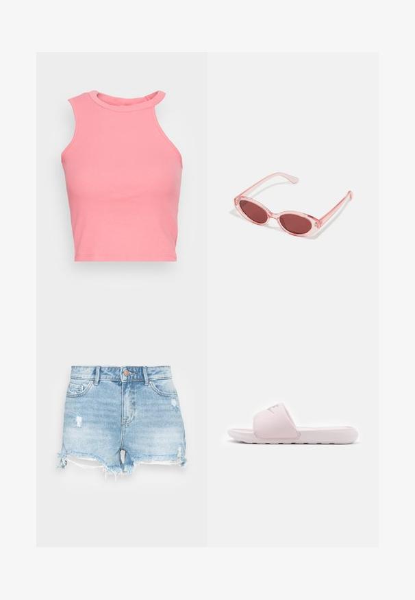Top court sans manches rose à côtes avec un col haut ; présente une coupe ajustée et des bords nets. Texture douce, coutures minimales visibles.; Shorts en denim bleu clair avec une finition usée, un ourlet effiloché et un design classique à cinq poches. Comprend une fermeture à bouton en métal.; Sandale en slide rose avec une semelle en caoutchouc flexible, une lanière rembourrée et un design minimaliste. Présente un logo sur la lanière et une texture lisse.; Lunettes de soleil transparentes roses avec des verres ovales, teintés d'un rouge foncé, et des branches fines, présentant une finition lisse et des détails subtils sur la monture.