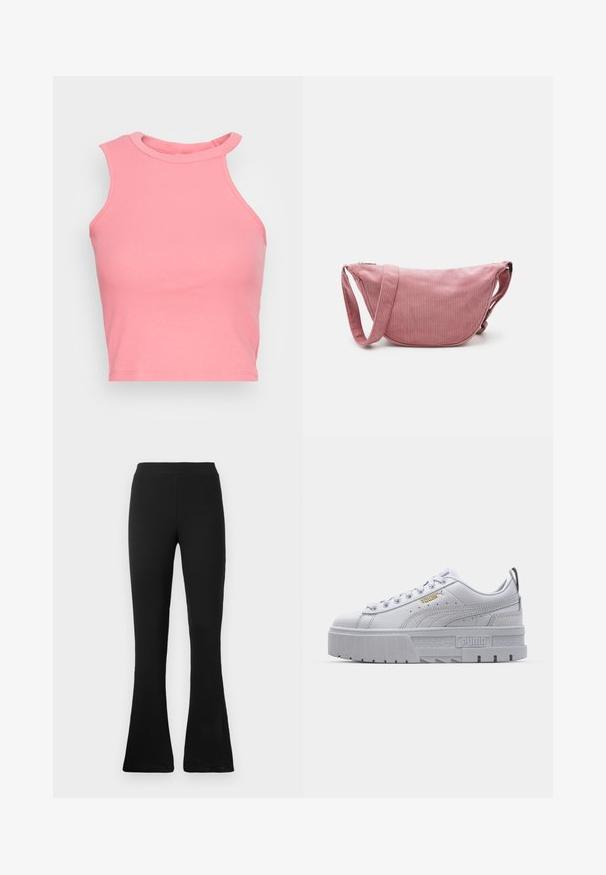 Lyserød ribbet ærmeløs crop top med høj hals; har en tætsiddende form og rene kanter. Blød tekstur, minimale synlige sømme.; Sorte ribbede flared bukser med høj talje. Det bløde, elastiske materiale giver en tætsiddende silhuet og en flared bund for stil og komfort.; Hvide platform sneakers med en glat læderoverdel, polstret krave, grå gummisål og gyldne detaljer med Puma-logoet.; Pieces PCAMANDA BUMBAG - Skuldertasker - ash rose