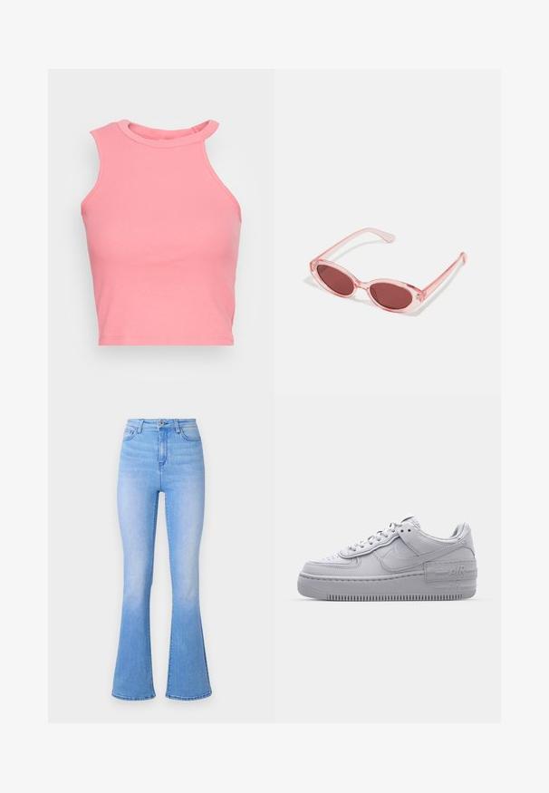 Roze geribbelde mouwloze crop top met hoge hals; heeft een aansluitende pasvorm en strakke randen. Zacht materiaal, minimale zichtbare naden.; Lichtblauwe flare jeans met hoge taille, gemaakt van denim. Heeft een gladde textuur en een subtiele vervaging naar de zoom toe. Klassiek ontwerp met vijf zakken.; Grijze Nike Air Force 1 sneaker met geperforeerde neus, glad leren bovenwerk, dikke zool en verhoogde 'AIR' details op de hiel.; Roze transparante zonnebril met ovale lenzen, donkerrode tint en slanke pootjes, met een gladde afwerking en subtiele details op het frame.