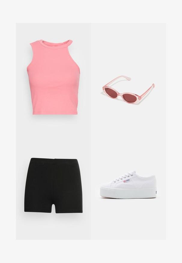 Lyserød ribbet ærmeløs crop top med høj hals; har en tætsiddende form og rene kanter. Blød tekstur, minimale synlige sømme.; Sorte bomulds shorts med et tætsiddende design og elastisk talje. Glat tekstur, længde til midt på låret, og uden synlige mønstre eller accenter.; Hvide canvas sneakers med en tyk hvid platformssål, rund tå og metaløjelets til snørebånd. Mærkets logo præsenteret på siden.; Lyserøde transparente solbriller med ovale linser, mørkerød toning og slanke stænger, der har en glat overflade og diskret detaljering på rammen.