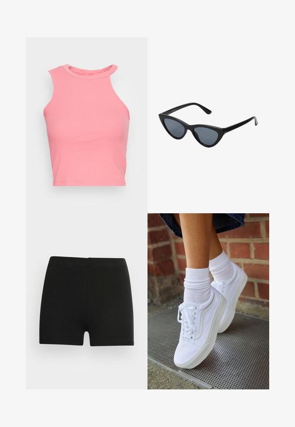 Lyserød ribbet ærmeløs crop top med høj hals; har en tætsiddende form og rene kanter. Blød tekstur, minimale synlige sømme.; Sorte bomulds shorts med et tætsiddende design og elastisk talje. Glat tekstur, længde til midt på låret, og uden synlige mønstre eller accenter.; Hvide lærreds sneakers med gummisåler, der har seks snørehuller, rund tå og let sømdetaljer, krydret med hvide ankelstrømper.; Sorte katteøje solbriller med mørkegrå linser, slankt plastisk stel, spidse hjørner og lige stænger. Ingen synlig hardware eller dekorationer.