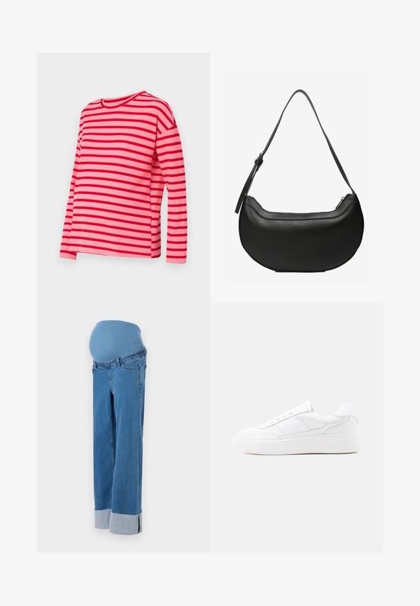 MAMALICIOUS Regular Fit Round Neck - Neule - racing red; Raskaudenaisten farkut vaaleansinisessä denimmateriaalissa, joissa on joustava ja pehmeä vyötärönauha sekä käänteet lahkeissa. Leveä lahjemuotoilu tarjoaa mukavuutta ja liikkuvuutta.; Valkoinen matala tennari, jossa paksu pohja, nyöritys ja hillityt ompelukoristeet yksinkertaisella vaalealla taustalla.; Mustanpuoleinen puolikuun muotoinen nahkainen olkalaukku, jossa pitkä säädettävä olkahihna ja ylhäällä vetoketjusuljin.