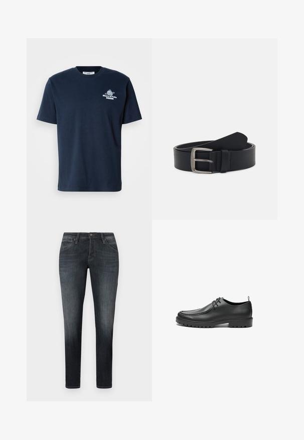 Marineblauwe katoenen T-shirt met korte mouwen, ronde hals en een grafische print van een wereldbol aan de voorkant met de tekst "Marc O’Polo DENIM." Eenvoudig ontwerp.; Donkergrijze slim-fit jeans met steekzakken aan de voorkant en knoopsluiting, met subtiele vervaging langs de dijen en knieën.; Zwarte lederen schoenen met een gladde afwerking, ronde neus en decoratieve stiksels. Beschikt over een rubberen zool met tractiegrepen en een vetersluiting.; Zwarte leren riem met een zilveren metalen gesp, voorzien van een gladde afwerking en een klassiek ontwerp. De riem is opgerold met de punt van het uiteinde.