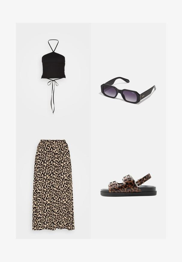 Pieces PCKUPA CROPPED - Toppi - black; Beige ja musta leopardimustriga midi-seelik. Omab elastset vöökohta ja voltitud disaini, et tagada suurem liikuvus ja sobivus.; Avoin varvastossu, jossa paksu musta pohja, kolme säädettävää leopardikuvioista nauhaa hopeisilla soljilla ja nilkkahihna soljella.; Mustat ylipitkät aurinkolasit litteällä etuosalla, tumman violetit gradienttilinssit ja kultaisella korostuksella varustettu temple, jossa on brändilogo "Quay."