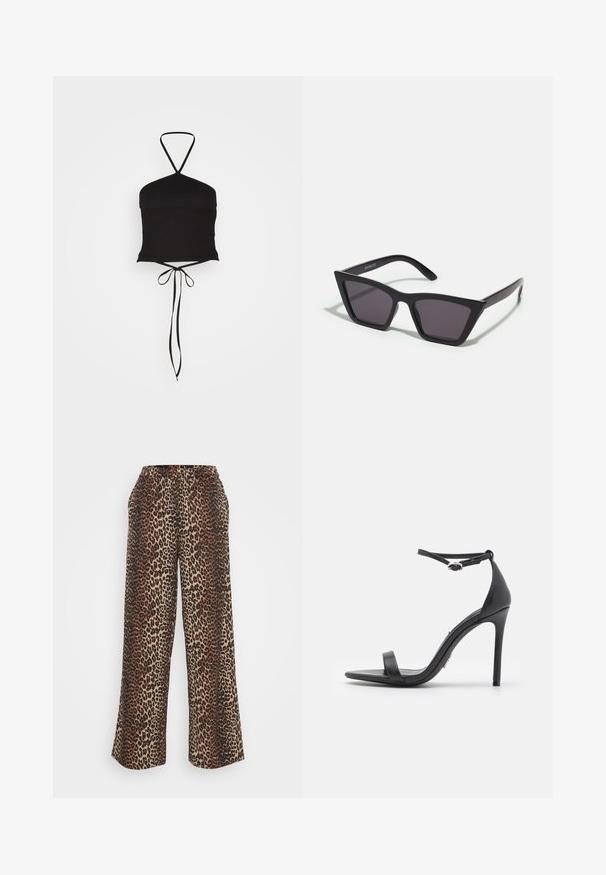 Pieces PCKUPA CROPPED - Top - black; Nohavice so širokými nohavicami s leopardím vzorom, vybavené elastickým pásom a bočnými vreckami, vyrobené z mäkkej tkaniny v hnedých a béžových odtieňoch.; Čierne sandále na vysokom podpätku s otvorenou špičkou, tenkými remienkami a prackou na členku. Hladká kožená textúra s dizajnom so špicatou špičkou.; Čierne, ostré slnečné okuliare so sivými sklami; vyrobené z plastu, majú hrubé ramená s hladkým povrchom a bez viditeľnej mechaniky.