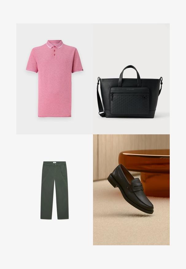 Rosa Poloshirt mit kurzen Ärmeln, geripptem Kragen, drei-Knopf-Leiste und kontrastierendem weißen Besatz am Kragen und an den Ärmeln.; Dunkelgrüne Baumwollhosen mit geradem Beinschnitt, Fronttaschen und einem Knopfverschluss an der Taille. Glatte Oberfläche, keine Muster.; Schwarzer Leder-Herrenloafer mit einem Band über dem Spann, auf beigem Teppich neben einem braunen modernen runden Tisch präsentiert.; Schwarze Ledertasche mit zwei oberen Griffen, verstellbarem Schulterriemen und einer strukturierten Vordertasche mit einem dezenten gewebten Muster.