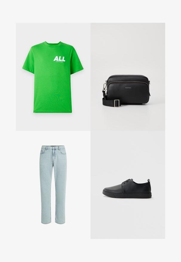 Heldergroene t-shirt met korte mouwen met witte tekst "ALL CALVIN KLEIN" op de bovenlinker borst, weergegeven tegen een effen achtergrond.; KARL LAGERFELD DISNEY STRAIGHT-FIT - Straight leg jeans - light blue denim; Zwarte leren sneaker met een gladde afwerking, ronde neus, tonale stiknaden, vetersluiting aan de voorkant en een vlakke rubberen zool. Lussje aan de hak.; Zwarte leren schoudertas met twee ritscompartimenten, gestructureerd afwerking, verstelbare schouderband en zilveren hardware-accenten. Calvin Klein-logo zichtbaar.