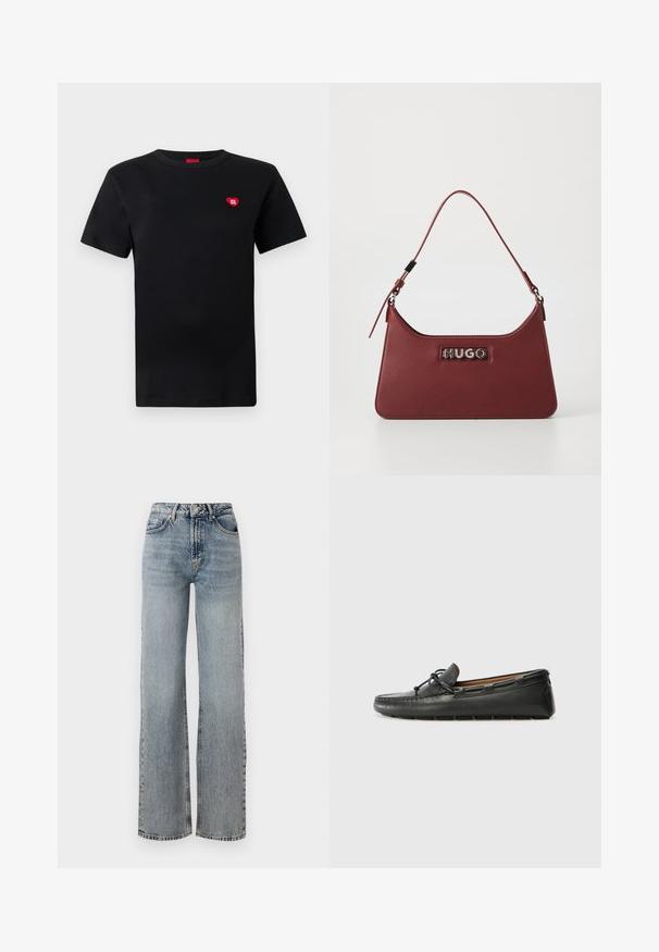 Zwarte katoenen T-shirt met korte mouwen, ronde halslijn, voorzien van een klein rood hartlogo met de tekst "HUGO" op de linkerborst.; Lichtblauwe denimjeans met een hoge taille, wijde pijpen, vervaagd afwerking en subtiele versleten details. Klassieke vijf-pocket styling.; Zwarte leren bootshoe met een ronde neus, gestikte details, een kleine strikaccent en een rubberen zool. Soepele textuur en gestroomlijnd ontwerp.; Kleine rechthoekige bordeauxrode leren handtas met een verstelbare schouderband en een zilveren "HUGO" logo plaatje aan de voorkant.