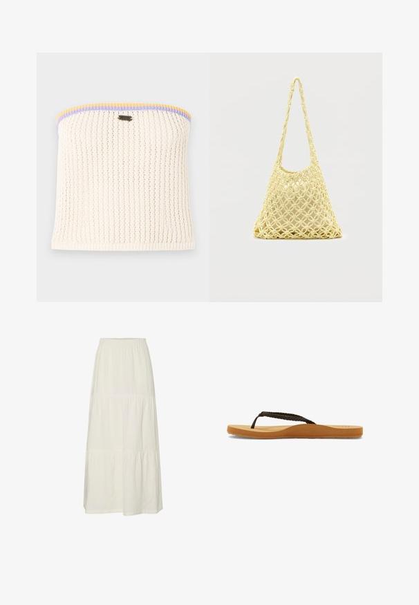 Top sin mangas de punto en color crema con textura acanalada. Acentuado con ribetes en amarillo, púrpura y azul. Incluye un pequeño logo de la marca metálico.; Falda maxi blanca, en capas, hecha de una tela ligera y texturizada con una cinturilla elástica. Presenta tres secciones de tela distintas.; Chanclas de tiras trenzadas marrones con suela suave y plantilla color tostado, que presentan un diseño redondeado y suela de goma texturizada para mayor tracción.; Bolso de red de macramé amarillo con correa larga y bolsa beige en su interior, mostrado sobre un fondo blanco liso.