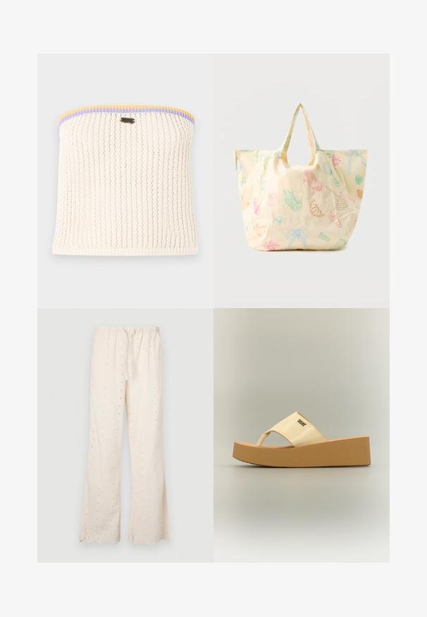 Haut sans bretelles en tricot crème avec une texture côtelée. Accentué de bordures jaunes, violettes et bleues. Comprend un petit logo métallique de la marque.; Pantalons de couleur crème, amples, avec une taille élastique, un cordon de serrage et des détails en œillets le long du tissu et de l'ourlet. Bords en dents de scie.; Sandale compensée beige avec semelle épaisse, bout ouvert, large bride et petit logo métallique sur la bride.; Sac fourre-tout réutilisable beige clair avec des dessins colorés sur le thème de la mer et de la nourriture, comprenant un crabe, des coquillages, une fraise, une tranche de citron et des rubans.