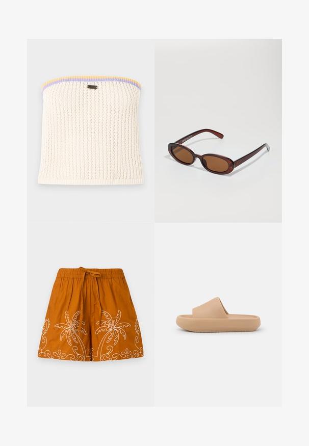 Top sin mangas de punto en color crema con textura acanalada. Acentuado con ribetes en amarillo, púrpura y azul. Incluye un pequeño logo de la marca metálico.; Falda de algodón naranja con cinturilla elástica, que presenta diseños bordados en blanco de palmeras y patrones decorativos en espiral a lo largo del dobladillo.; Sandalia deslizante marrón con una tira gruesa y texturizada y una suela redondeada. Presenta un acabado suave y una parte inferior con tacos para mayor agarre.; Gafas de sol redondas con tinte marrón y un marco burdeos brillante. Patillas delgadas con un sutil detalle de marca. Diseño de lentes planos.