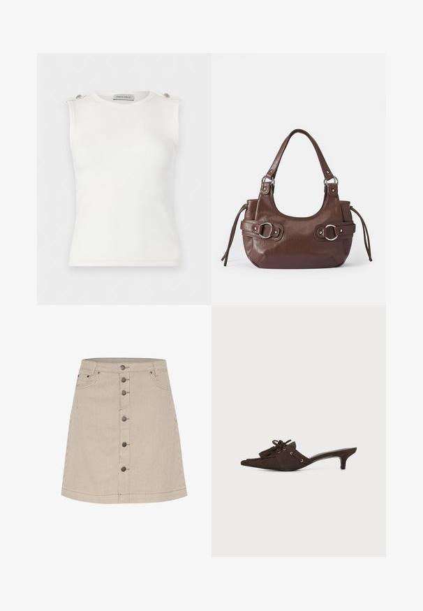 Hvid ærmeløs ribstrikket top med rund halsudskæring og dekorative knapper på skulderstropperne, mærket ANNA FIELD.; Beige stribet denim nederdel med en flagrende form, der har en lukning med knapper foran, to sidelommer og subtile syninger.; Mørkebrun ruskindspunktet mule med lav kittenhæl, dekorative kvaster og blonderdetalje på hvid baggrund.; Brun læderhåndtaske med rund form, sølvhardware, to sideskuldre og en glat tekstur. Har en enkelt toppen håndtag.