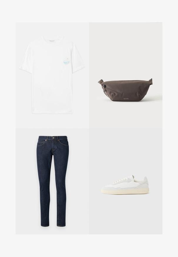 Witte katoenen t-shirt met korte mouwen, voorzien van een kleine meerkleurige grafische print op de linker borst met golven en de tekst "Out of Plastic."; Donkerblauwe jeans van denim met een slim fit, met vijf zakken, contrasterende oranje stiksels en een ritsvak met een enkele knoopsluiting.; Witte sneaker met een bovenwerk van gestructureerd suède en leer. Voorzien van een afgeronde neus, vetersluiting en een contrasterende beige rubberen zool.; Donkerbruine stoffen heuptas met diagonale ritssluiting en klein wit logo aan de voorkant, tegen een effen lichte achtergrond.