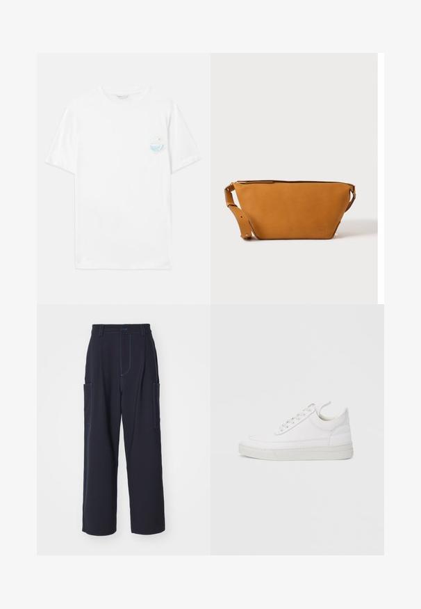 T-shirt en coton blanc à manches courtes, avec un petit imprimé graphique multicolore sur le côté gauche de la poitrine représentant des vagues et le texte "Sorti du plastique".; Pantalons cargo navy avec coutures bleues, ceinture élastique, deux poches latérales, coupe droite et texture de tissu douce.; Baskets en cuir blanc avec un embout arrondi, une semelle plate et un laçage à l'avant. Présentent des détails de couture et un col rembourré pour plus de confort.; Sac bandoulière en cuir marron clair avec sangle réglable et fermeture éclair, présenté sur un fond clair uni.