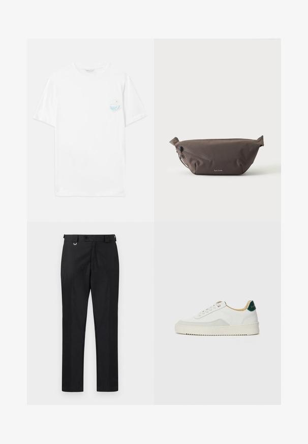 Camiseta de algodón blanca con mangas cortas, que presenta un pequeño estampado gráfico multicolor en el lado izquierdo del pecho que representa olas y el texto "Fuera de plástico".; Pantalones negros de corte recto y ajustado, con cierre de botón y trabillas para cinturón. Textura suave con un detalle mínimo.; Zapatilla blanca con acentos de ante, puntera redondeada, cordones planos y suela de goma color crema. Presenta un logo verde en el talón.; Riñonera de tela marrón oscuro con bolsillo diagonal con cremallera y pequeño logo blanco en el frontal, sobre un fondo liso y claro.