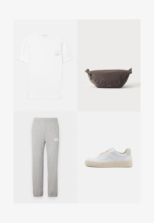 Camiseta de algodón blanca con mangas cortas, que presenta un pequeño estampado gráfico multicolor en el lado izquierdo del pecho que representa olas y el texto "Fuera de plástico".; Pantalones de chándal grises de algodón con una cintura elástica y piernas ajustadas. Presenta un logo blanco en el muslo izquierdo. Textura suave.; Zapatilla blanca con parte superior de cuero suave, cordones beige y un tirador de talón de ante beige texturizado. Suela elevada para mayor altura.; Riñonera de tela marrón oscuro con bolsillo diagonal con cremallera y pequeño logo blanco en el frontal, sobre un fondo liso y claro.
