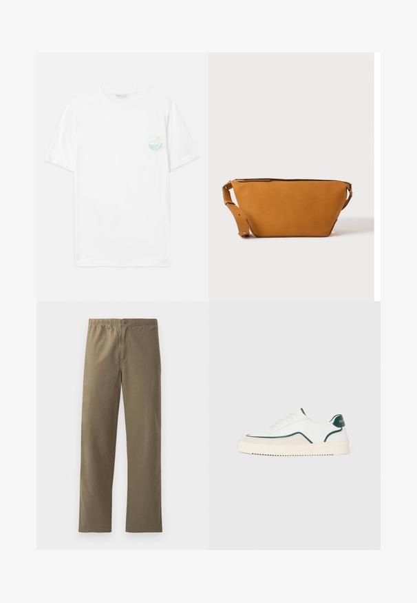 T-shirt en coton blanc à manches courtes, avec un petit imprimé graphique multicolore sur le côté gauche de la poitrine représentant des vagues et le texte "Sorti du plastique".; Pantalons kaki en tissu léger. Dotés d'une taille élastique, d'une fermeture à boutons, de jambes droites et d'une texture lisse.; Baskets basses blanches avec des bords verts, des détails en suède beige et une semelle de couleur crème avec un fond rainuré.; Sac bandoulière en cuir marron clair avec sangle réglable et fermeture éclair, présenté sur un fond clair uni.