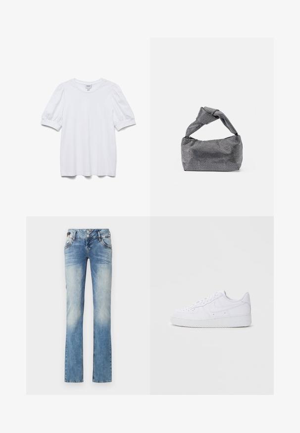 Weißes Kurzarmoberteil mit rundem Ausschnitt und Puffärmeln. Aus glattem Stoff gefertigt, mit einem Etikett "AWARE."; Helleblaue Denim-Jeans mit geradem Bein, ausgestattet mit einem Fünf-Knopf-Verschluss, Fronttaschen und dezenten Ausbleichungen.; Weiße Nike Air Force 1 Sneaker mit Obermaterial aus Leder, runder Zehenpartie, schnürbarer Verschluss, gepolsterter Kragen und strukturiertem Gummisohle.; Schwarz-silberne Handtasche mit einer strukturierten Oberfläche, die ein Diamantmuster aufweist, einem geknoteten Griff und einer strukturierten Form.