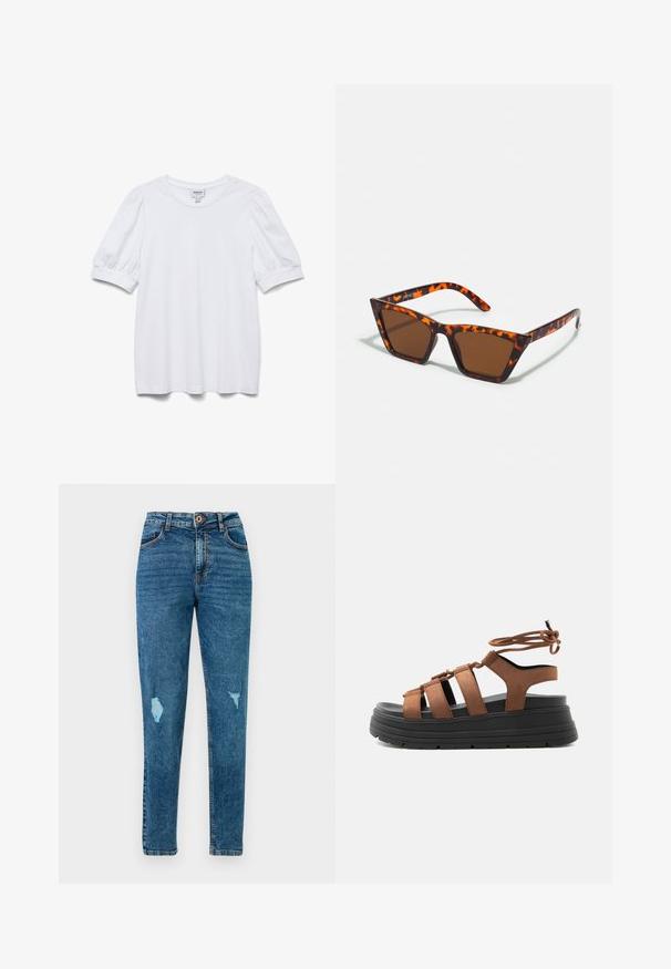 Hvid kortærmet top med rund halsudskæring og puffede ærmer. Lavet af glat stof, med et mærke mærket "AWARE."; Blå højtaljede skinny jeans med slidte detaljer på lår og lommer, med knap- og lynlås-lukning.; Brun ruskind sandal med remme, tyk sort platformsål og snørelukning om anklen, vist fra siden på lys baggrund.; Brune tonede solbriller med et skildpadde-mønster, vinklede stel og slanke arme. Letvægts plastmateriale.