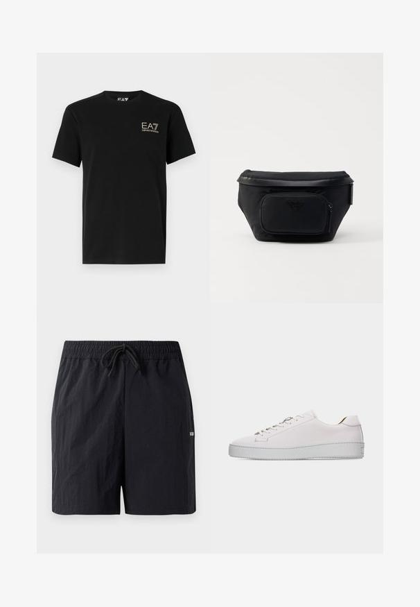 Camiseta de algodón negra con mangas cortas. Presenta un logo dorado de EA7 Emporio Armani en el pecho. Diseño clásico de cuello redondo. Textura suave.; Bañador negro hecho de una tela texturizada, con una cinturilla elástica y cordón, y un pequeño logo en el lateral.; Zapatilla deportiva de piel blanca de corte bajo con cordones blancos, suela de goma plana texturizada y costuras mínimas, mostrada desde el lado exterior sobre un fondo blanco.; Bolsa negra de nailon con un bolsillo delantero con cremallera, presenta una textura lisa y un acento de logo. Diseño estructurado con una tapa plegable.