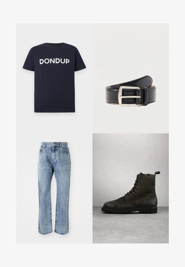 Merensininen lyhythihainen T-paita, jossa valkoinen "DONDUP"-logo rinnan keskellä, pyöreä kaula-aukko, yksivärinen malli.; Billionaire Boys Club CASINO PANT - Straight leg -farkut - light wash blue; Tummanharmaa nahkainen nilkkasaapas pyöreällä kärjellä, metallisilla silmukoilla ja teksturoidulla pinnalla. Varustettu tukevalla uritetulla pohjalla ja ylälenkillä.; Musta nahkavyö, joka on rullattu hopeanvärisellä suorakaiteen muotoisella metallisoljella ja näkyvillä ompeleilla reunoilla.