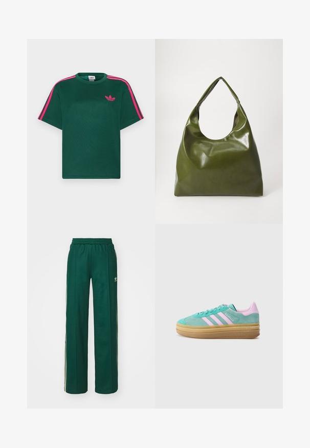 Grøn kortærmet t-shirt med lyserøde striber på skuldrene og Adidas trefoil-logo på brystet.; Mørkegrønne træningsbukser med en afslappet pasform, der har snor i taljen, sidelommer og cremefarvede striber langs siderne.; adidas Originals GAZELLE BOLD - Sneakers - powder teal/bliss lilac/pure teal; Grøn læder hobo taske med en slouchy design, buet håndtag og glat tekstur. Indeholder ingen synlig hardware eller accenter.