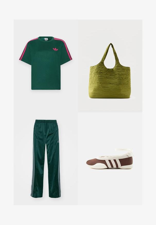 Grünes T-Shirt mit kurzen Ärmeln, leuchtend pinken Streifen auf den Schultern und Adidas-Trefoil-Logo auf der Brust.; Dunkelgrüne Sporthosen aus glänzendem Material, mit seitlichen Streifen in Hellgrau und einem gestickten Logo auf dem linken Bein.; Brauner und weißer Ballerinaschuh mit drei weißen Streifen und einer Schleife zum Binden am Knöchel auf einem schlichten hellen Hintergrund.; Grüne Tragetasche aus strukturiertem, zerknittertem Stoff mit breiten Griffen, vor schlichtem hellem Hintergrund dargestellt.