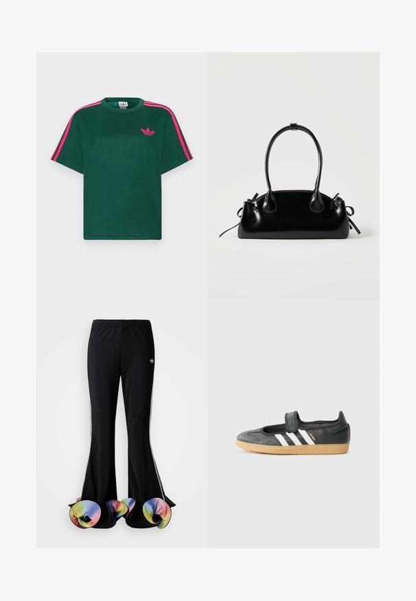 Camiseta verde de manga corta con franjas rosas brillantes en los hombros y el logotipo de trébol de Adidas en el pecho.; Pantalones deportivos negros con un diseño acampanado amplio. Cuenta con bajos coloridos y ondulados, y franjas blancas a los lados. Elaborados en tejido elástico.; Zapatilla de deporte de cuero negro y ante con una correa de Velcro, que presenta tres rayas blancas y una suela de goma, etiquetada "SAMBA" en el lateral.; Pequeño bolso negro brillante con dos asas largas y detalles de cordón lateral sobre un fondo claro liso.