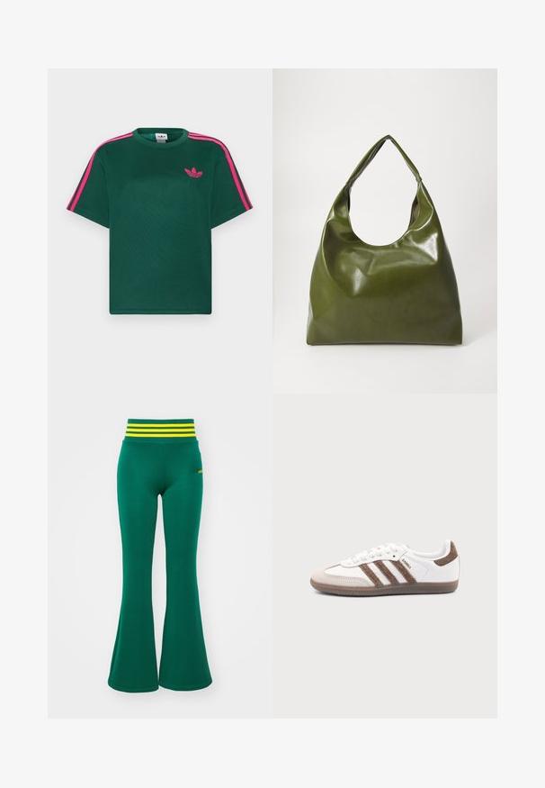 Zelené tričko s krátkym rukávom s jasnoružovými pruhmi na ramenách a logom Adidas trefoil na hrudi.; Zelené rozšírené legíny z pružného materiálu s pásom v žlto-bielych pruhoch. Hladká textúra, priliehajúce okolo bokov, široké na leme.; Biele tenisky Adidas Samba s hnedými semišovými pruhmi, hnedou gumovou podrážkou a béžovým semišovým špicom, zobrazené z vonkajšej strany na jednofarebnom pozadí.; Zelená kožená hobo taška so uvoľneným dizajnom, zakriveným držadlom a hladkým povrchom. Neobsahuje žiadne viditeľné kovania ani akcenty.