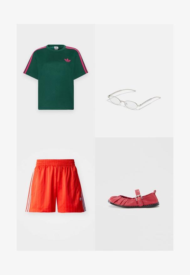 Vihreä lyhythihainen t-paita, jossa on kirkkaan pinkit raidat olkapäillä ja Adidas-trefoil-logo rinnassa.; Punaiset urheilushortsit, joissa on pystysuorat valkoiset raidat, joustava vyötärö ja vaaleansiniset yksityiskohdat sivuilla. Sisältää sivutaskut.; Punainen nahkainen ballerinakenkä, jossa on laskokset, säädettävä solkisanka ja musta kumipohja, jonka reunassa valkoisia niittejä.; Silmät ovalit metalliväriset hopeakehyksiset, kirkkailla linsseillä ja tekstuurilla varustetuilla helmille. Kevyt muotoilu kaarevilla varsilla.