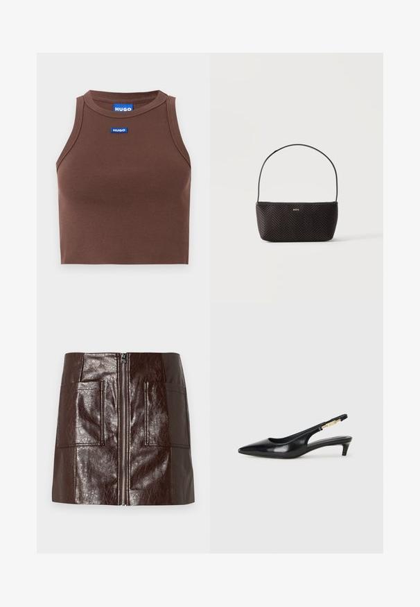 Haut court côtelé marron avec un col rond et des coutures renforcées, avec une étiquette rectangulaire bleue portant le logo HUGO sur le devant.; Mini-jupe en simili cuir marron avec une fermeture éclair à l'avant, deux grandes poches avant et une texture lisse et brillante.; Talons hauts en cuir noir avec un bout pointu, dotés d'un talon fin et d'un accent en ton or sur la lanière réglable. Texture lisse.; Sac à main noir tissé texturé avec une seule bandoulière et un petit logo doré "BOSS" au centre devant.