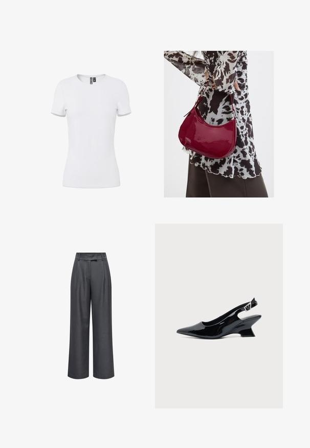 T-shirt blanc ajusté à manches courtes avec col rond et étiquette intérieure visible au niveau du col, présenté sur un fond uni.; Pantalon large taille haute gris foncé avec passants de ceinture, plis devant et fermeture avant dissimulée.; Chaussure slingback en cuir verni noir avec bout pointu et petit talon bloc incliné sur fond clair uni.; Femme portant un chemisier à motif noir et blanc tenant un sac à main rouge brillant sur un fond uni.