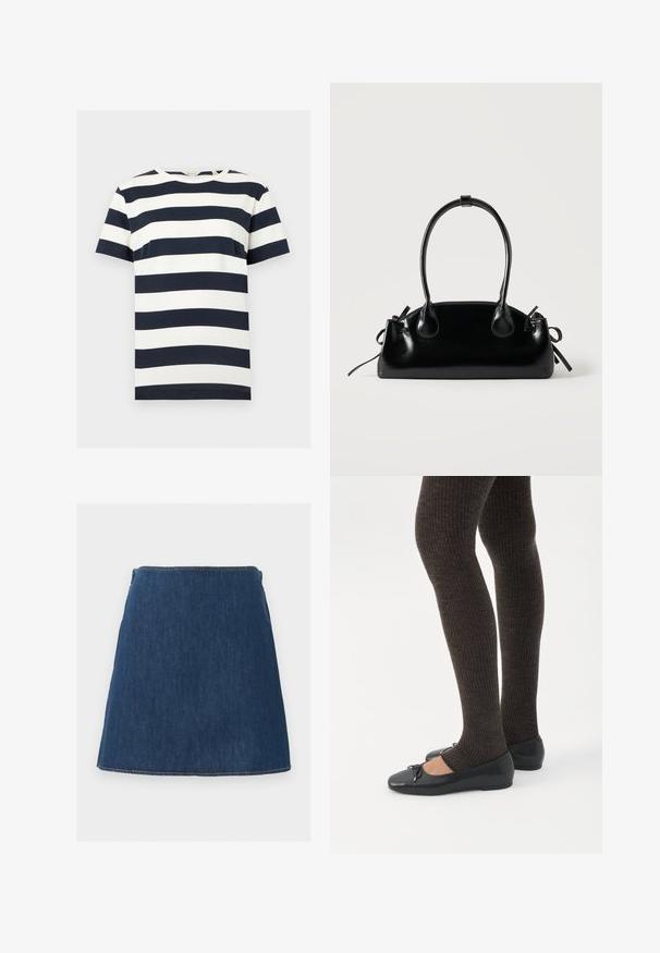 T-shirt manches courtes col rond avec larges rayures horizontales bleu marine et blanches sur fond uni.; Mini-jupe en denim bleu foncé avec une forme simple en ligne A et des coutures visibles le long de l'ourlet et de la taille.; Jambes portant des leggings côtelés foncés associés à des ballerines noires avec de petits détails en nœud sur fond blanc.; Petit sac à main noir brillant avec deux longues anses et des détails à cordon sur les côtés sur un fond clair uni.