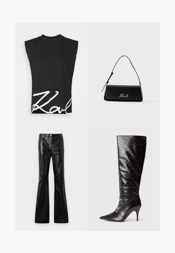 KARL LAGERFELD SIGNATURE TANK - T-shirts print - black; Rabanne Loose-jeans - black; Høj sort læder støvle med høje hæle, spids tå og let rynkning på skaftet, vist i profil på en hvid baggrund.; Sort læder skuldertaske med sølv "Karl" logo på klappen og justerbar rem med sølv nitter på siderne.
