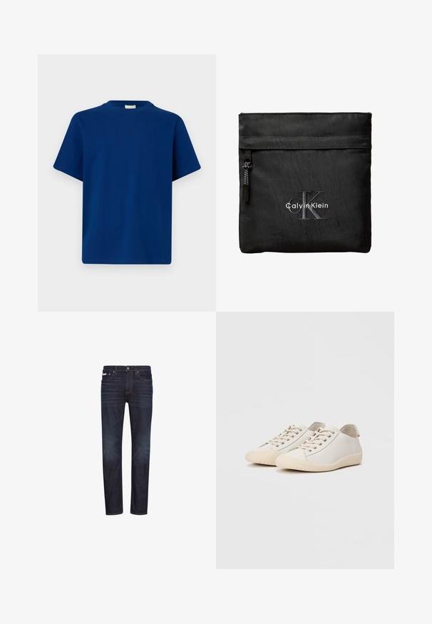 Schlichtes blaues T-Shirt mit kurzen Ärmeln, Rundhalsausschnitt und dezentem kleinem Logotext mittig auf der Brust vor einfarbigem Hintergrund.; Dunkelblaue Jeans aus Denim mit geraden Beinen, fünf Taschen, Reißverschluss und orangefarbenen Nähten. Glatte Textur, klassisches Design.; Weiße Sneaker aus glattem Leder mit tonalem Nähten, Schnürverschluss, runder Zehenpartie und einer strukturierten Gummisohle.; Schwarzes Calvin Klein Täschchen mit einer Reißverschlusstasche vorne und einem großen bestickten "CK" Logo in Grau und Weiß auf einfarbigem Hintergrund.
