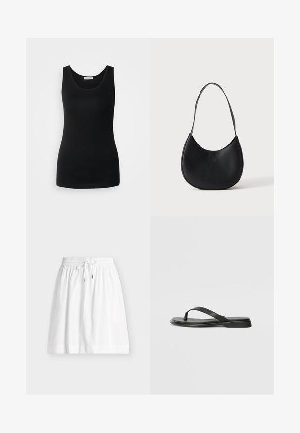 Débardeur noir sans manches, en tissu lisse, avec un col rond classique et une coupe ajustée. Pas de motifs ni d'accents.; Jupe blanche longueur genou avec taille élastique, cordon de serrage et motif ajouré discret.; Tongs noires en cuir lisse, avec un design de sangle fine et une semelle plate à profil minimal. Aucun motif ou accent notables.; Sac à épaule en cuir noir en forme de croissant avec une bandoulière unique et un nom de marque discrètement embossé sur un fond clair uni.